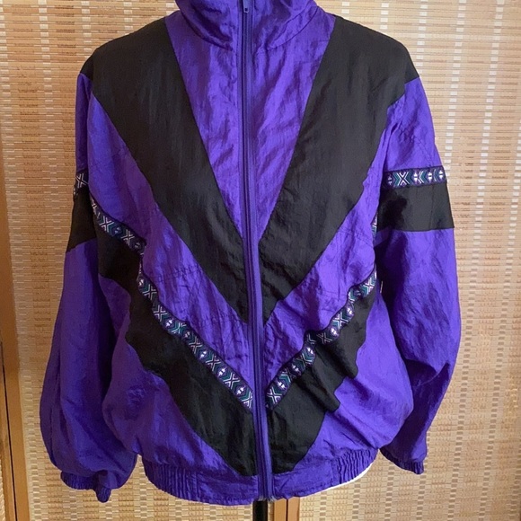 Vintage 90s Track Jacket Purple Black Abstract Pattern Windbreaker - Picture 2 of 12